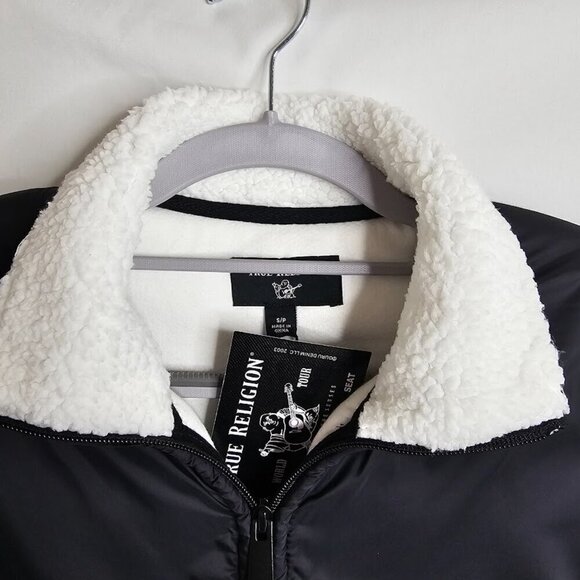 NWT TRUE RELIGION Jacket Coat Colorblock Sherpa Logo WHITE & BLACK size S Fleece - Picture 9 of 12